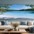 Clear blue river canvas art for calm coastal bedroom and bathroom decor.