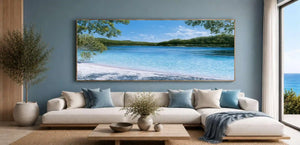 Clear blue river canvas art for calm coastal bedroom and bathroom decor.