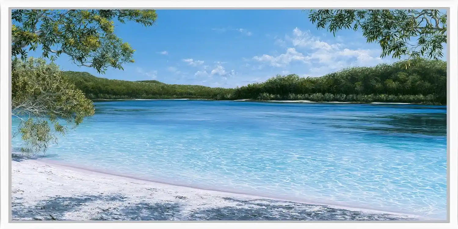 Clear blue river canvas art for calm coastal bedroom and bathroom decor.