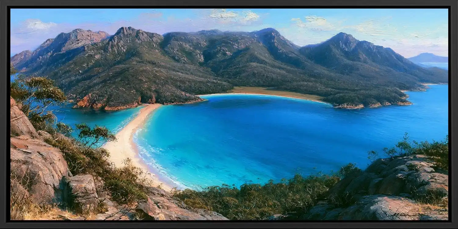 Wineglass Bay coastal canvas art with turquoise water and mountain views for luxury living room decor.