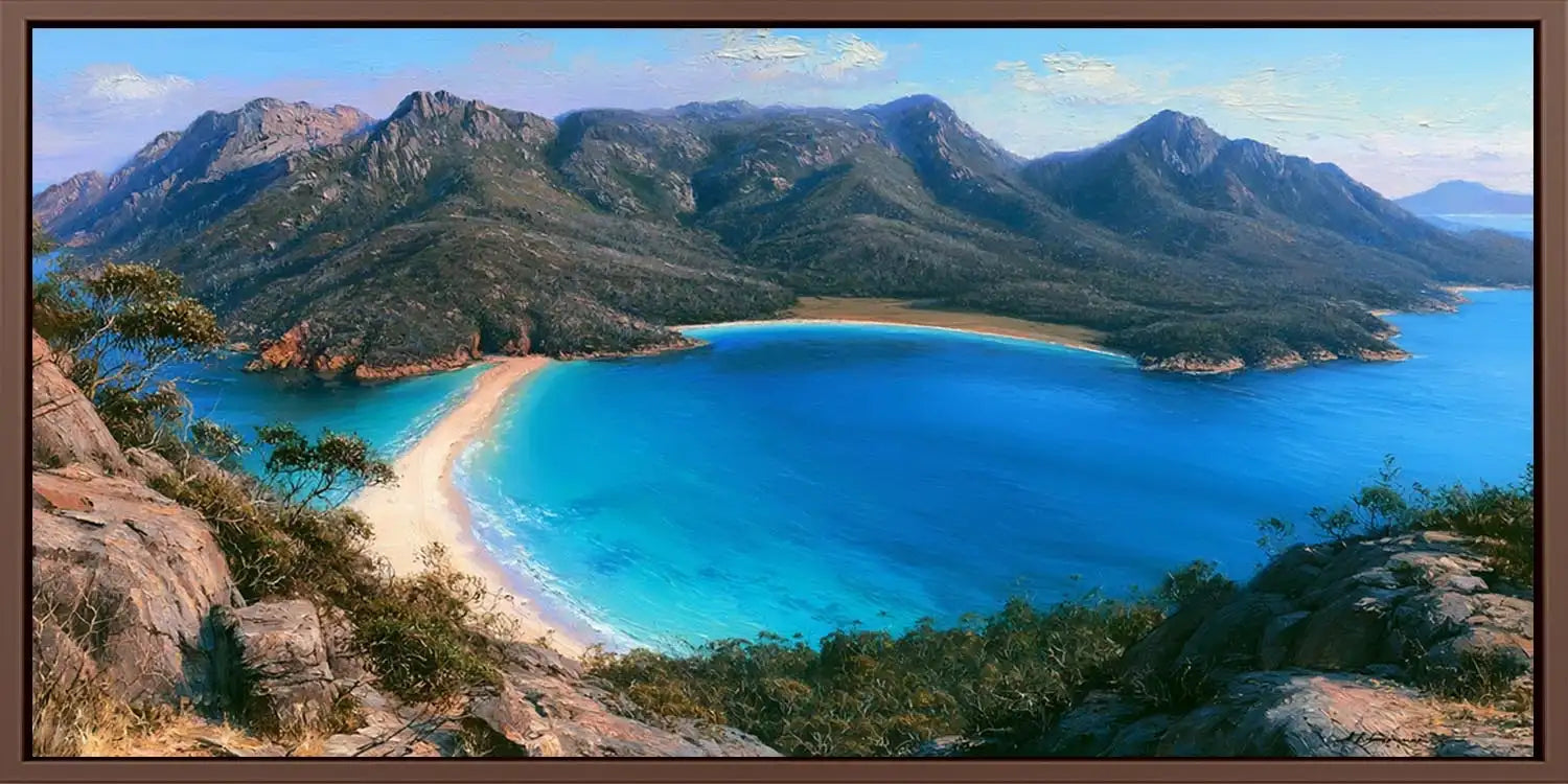Wineglass Bay coastal canvas art with turquoise water and mountain views for luxury living room decor.