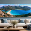 Wineglass Bay coastal canvas art with turquoise water and mountain views for luxury living room decor.
