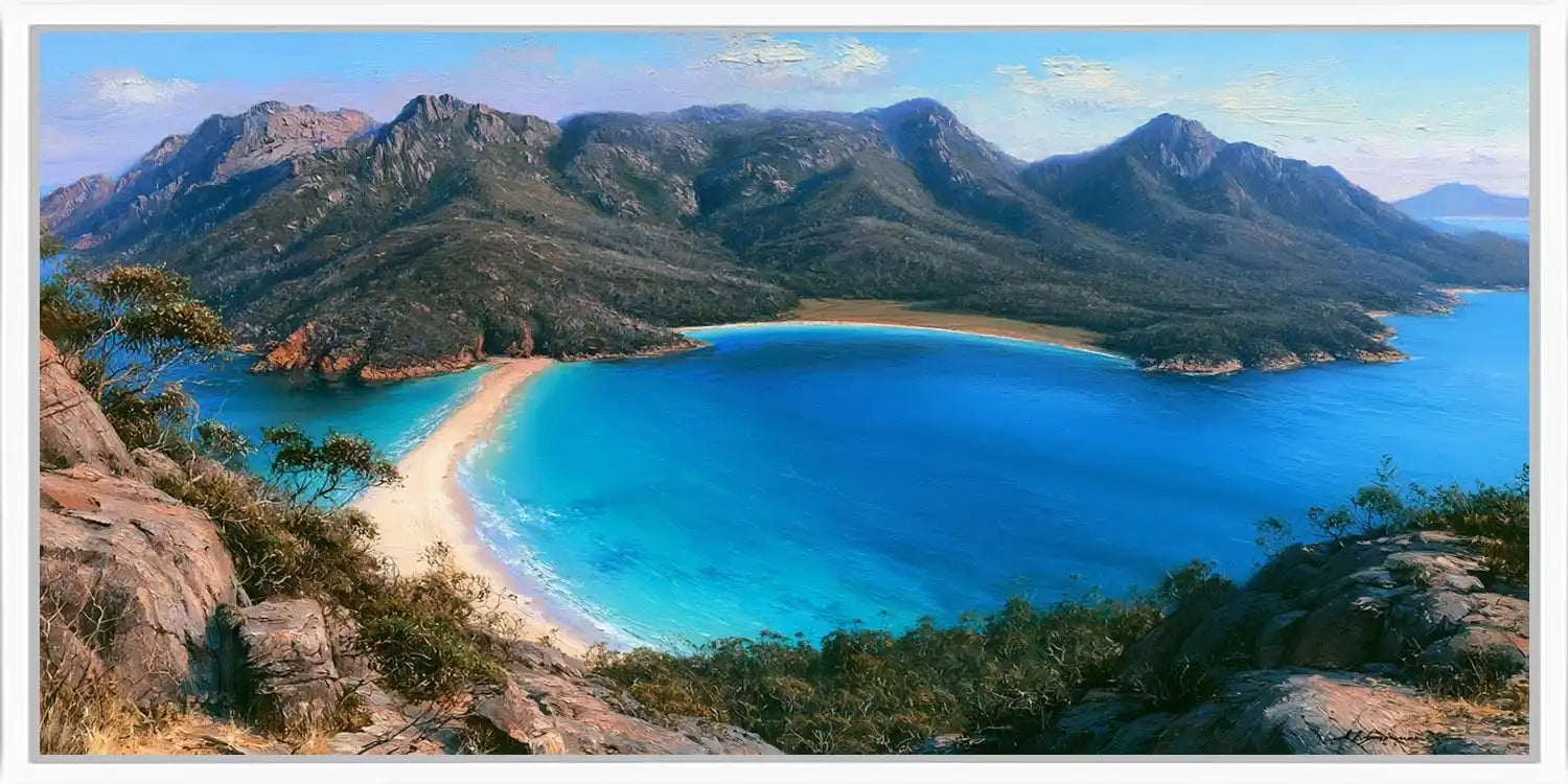 Wineglass Bay coastal canvas art with turquoise water and mountain views for luxury living room decor.