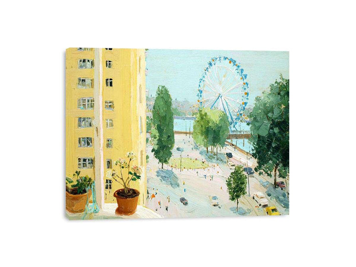 Ferris wheel in Appartment view Framed Print