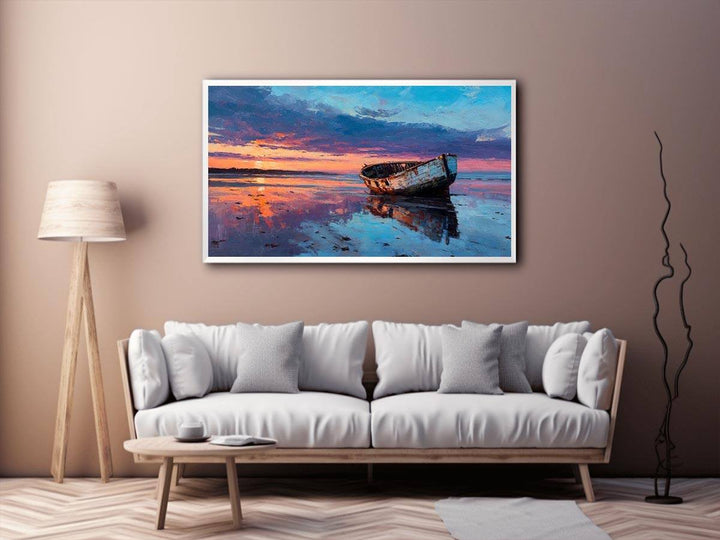 Boat on sunset beach Canvas Print