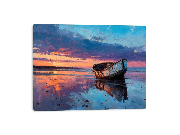 Boat on sunset beach Framed Print