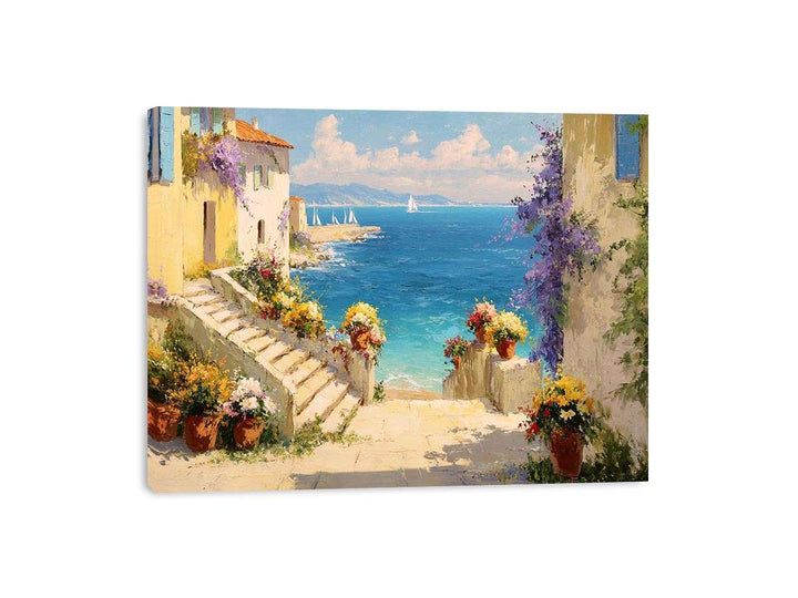 Mediterranean Sea & Flowers Framed Print