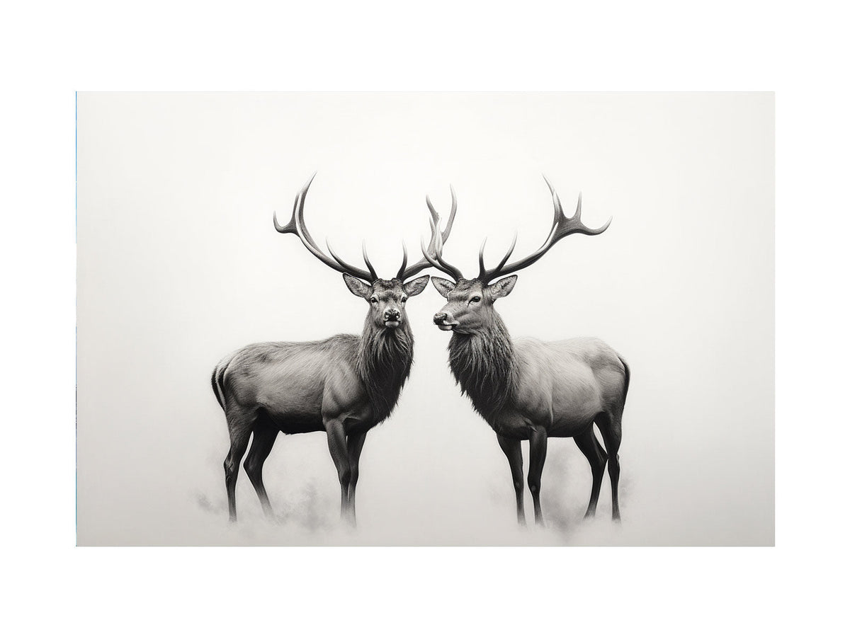 Monochrome twin stag canvas art with deer antlers for rustic modern living room decor.