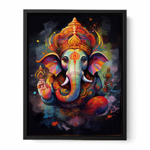 Vibrant Ganesha canvas art with colorful spiritual style for modern living room decor.