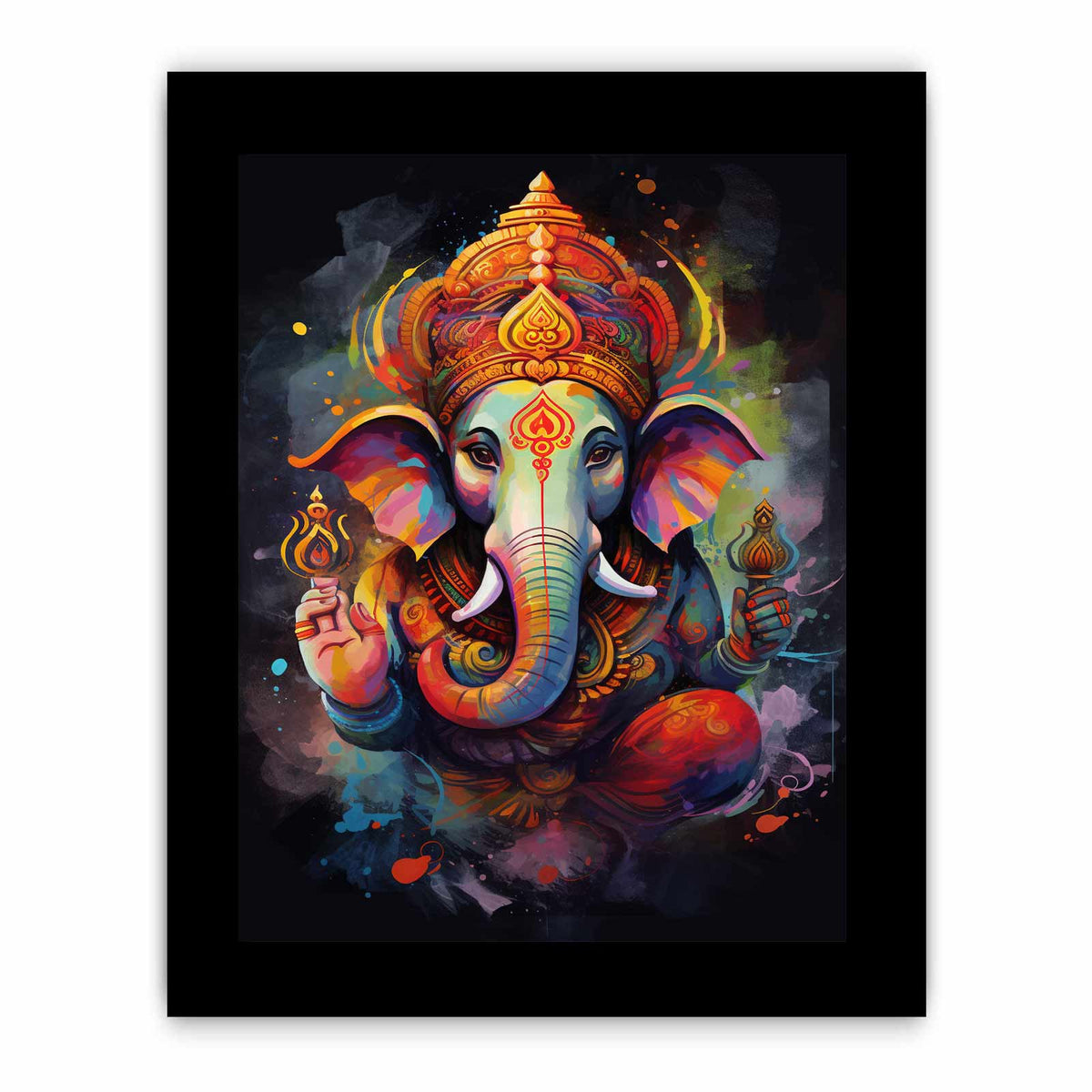 Vibrant Ganesha canvas art with colorful spiritual style for modern living room decor.