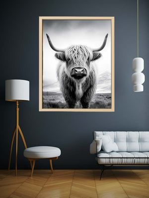 Black and white Highland cow canvas art for rustic farmhouse living room decor.