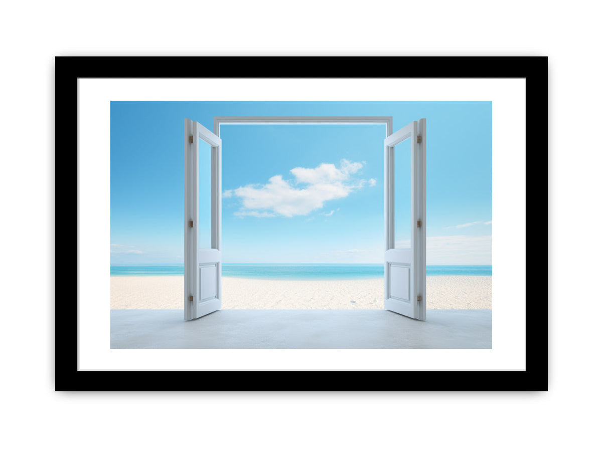 Open door beach view canvas art with blue ocean for calm coastal bedroom decor.