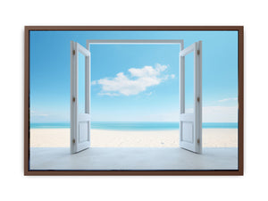 Open door beach view canvas art with blue ocean for calm coastal bedroom decor.