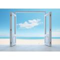 Open door beach view canvas art with blue ocean for calm coastal bedroom decor.