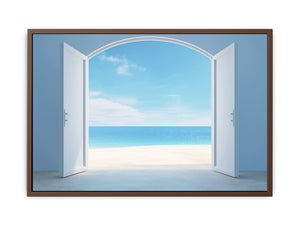 White open doors to ocean canvas art for serene coastal bedroom decor.