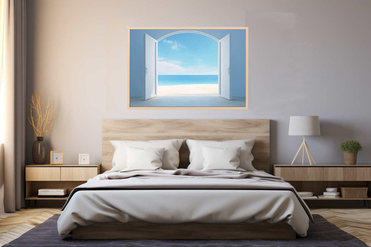White open doors to ocean canvas art for serene coastal bedroom decor.