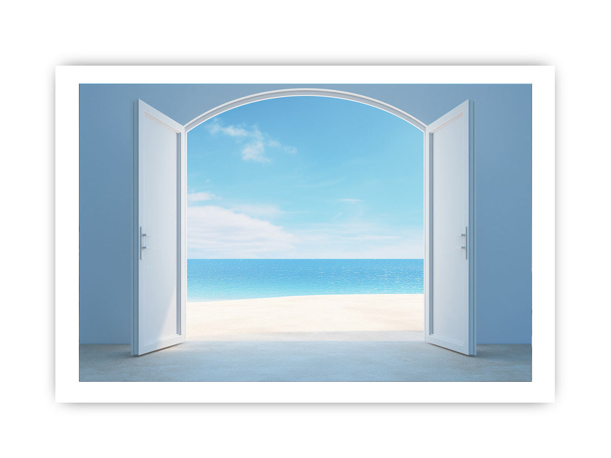 White open doors to ocean canvas art for serene coastal bedroom decor.
