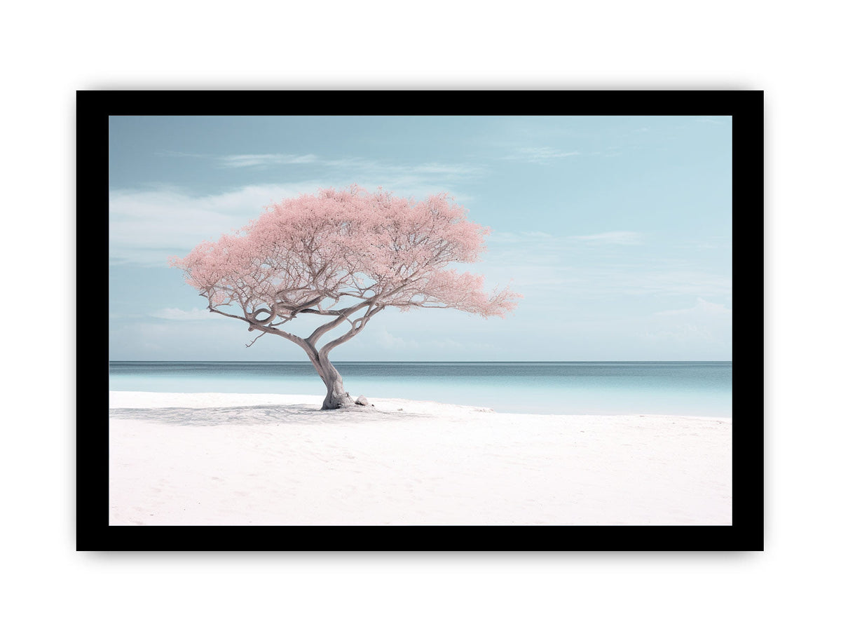 Blush pink beach tree canvas art for serene coastal bedroom or nursery decor.