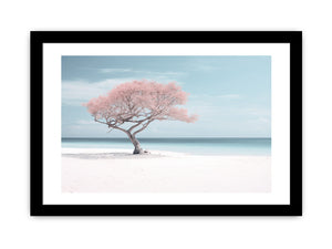 Blush pink beach tree canvas art for serene coastal bedroom or nursery decor.