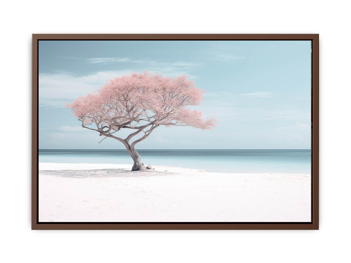 Blush pink beach tree canvas art for serene coastal bedroom or nursery decor.
