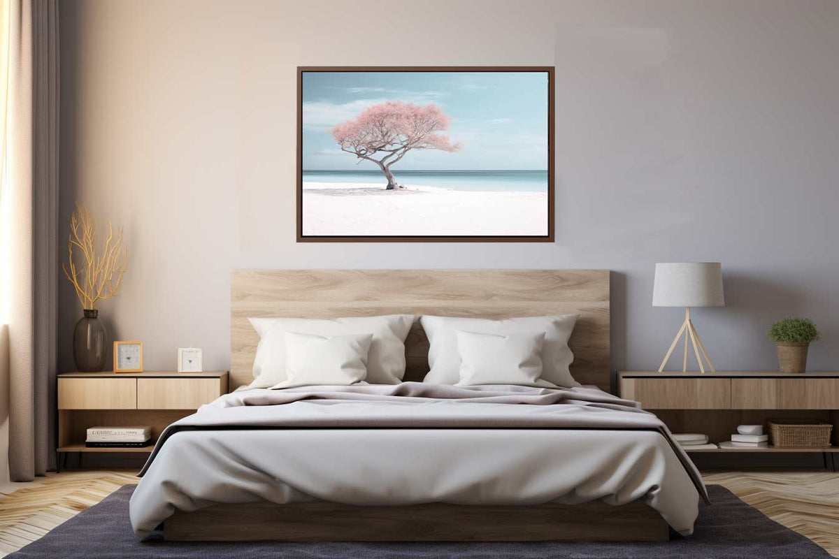 Blush pink beach tree canvas art for serene coastal bedroom or nursery decor.