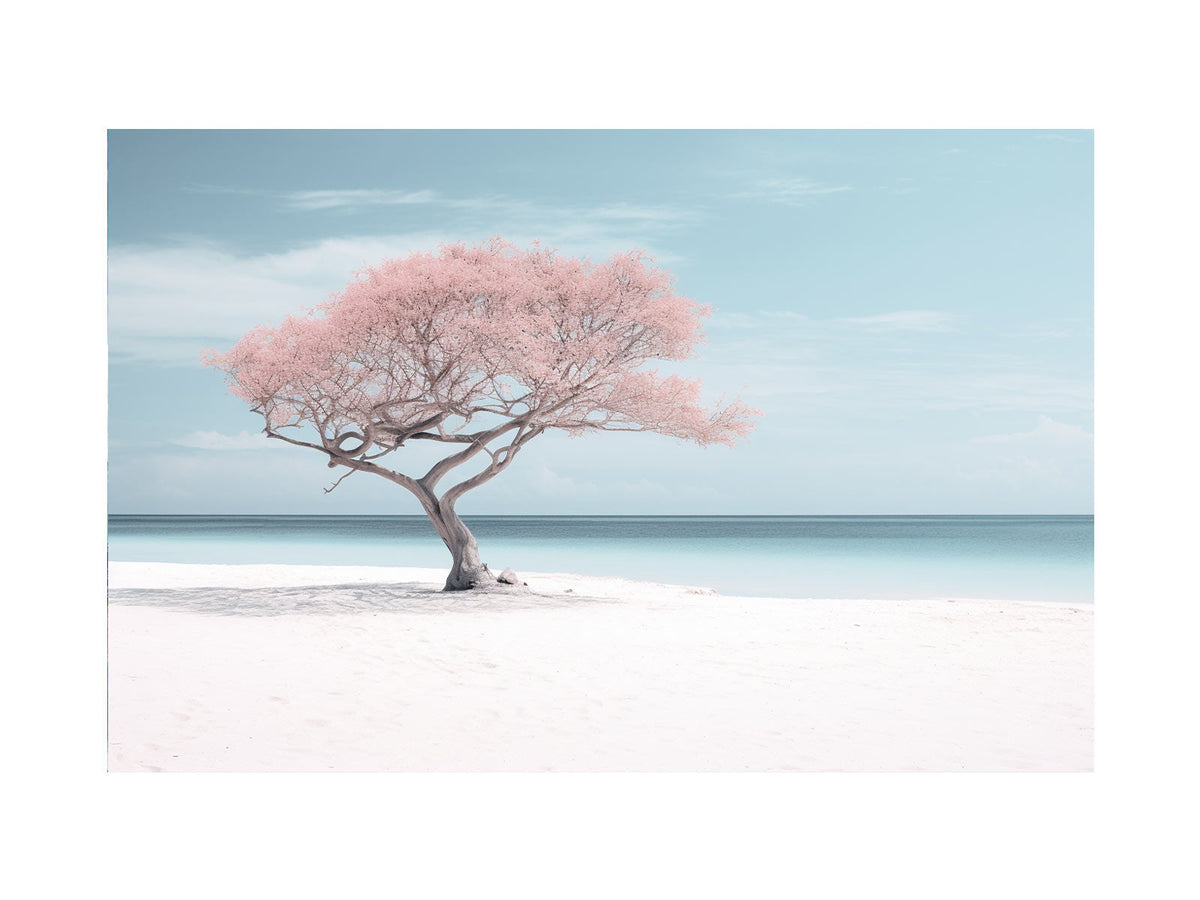 Blush pink beach tree canvas art for serene coastal bedroom or nursery decor.