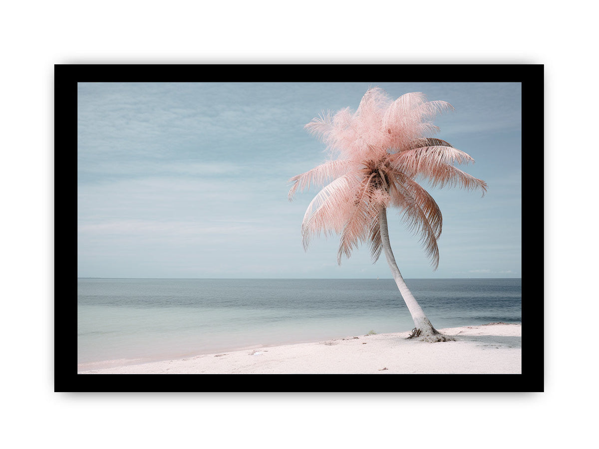 Pink palm tree beach canvas art with calm ocean for tropical bedroom decor.