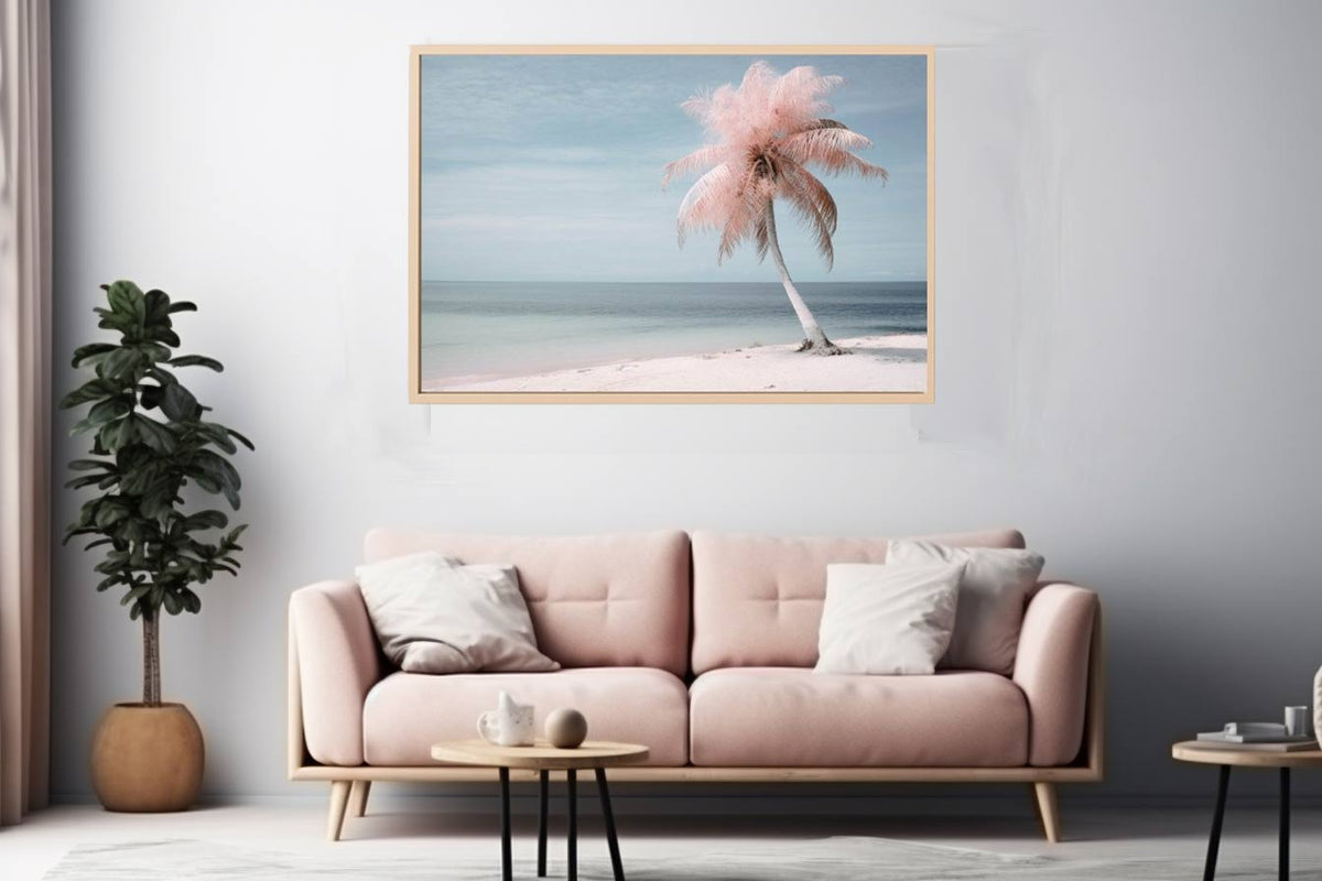 Pink palm tree beach canvas art with calm ocean for tropical bedroom decor.