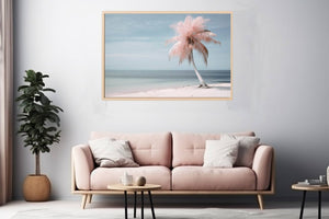 Pink palm tree beach canvas art with calm ocean for tropical bedroom decor.