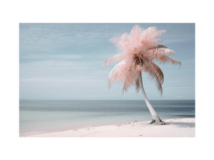 Pink palm tree beach canvas art with calm ocean for tropical bedroom decor.
