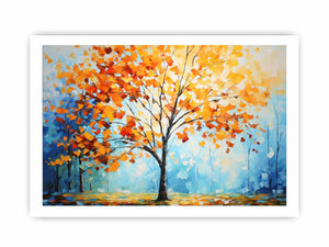 Orange autumn tree canvas art with blue sky for bright modern living room decor.