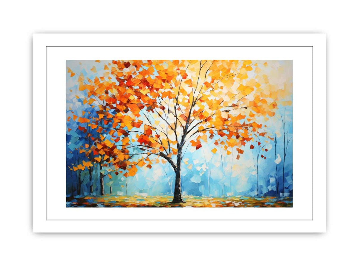 Orange autumn tree canvas art with blue sky for bright modern living room decor.