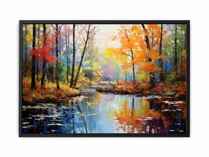 Autumn forest creek canvas art with colorful trees and water reflections.
