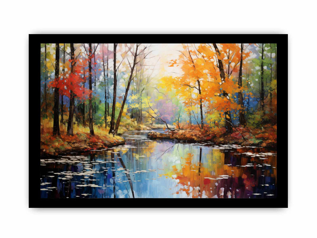 Autumn forest creek canvas art with colorful trees and water reflections.