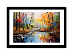Autumn forest creek canvas art with colorful trees and water reflections.