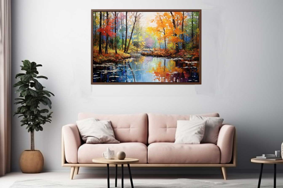 Autumn forest creek canvas art with colorful trees and water reflections.