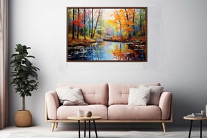 Autumn forest creek canvas art with colorful trees and water reflections.