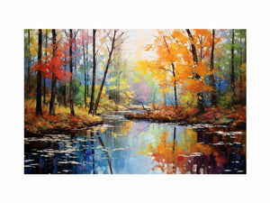 Autumn forest creek canvas art with colorful trees and water reflections.