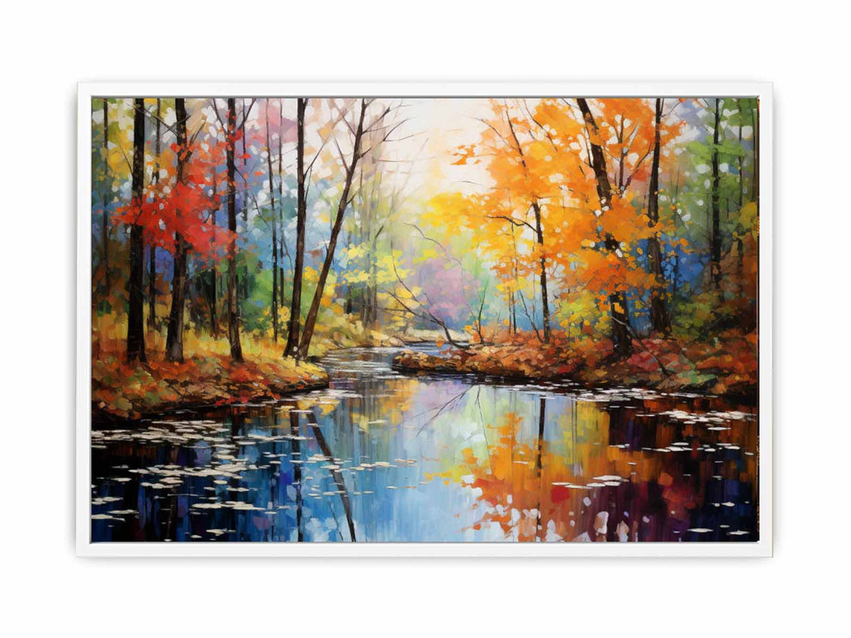 Autumn forest creek canvas art with colorful trees and water reflections.