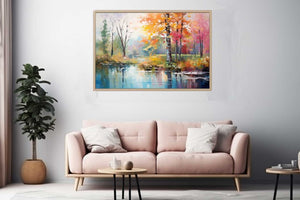 Colorful autumn pond canvas art with trees and reflections for home decor.