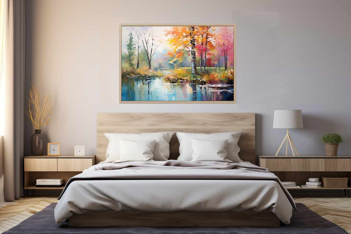 Colorful autumn pond canvas art with trees and reflections for home decor.