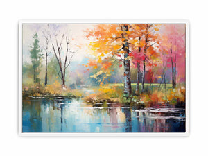 Colorful autumn pond canvas art with trees and reflections for home decor.