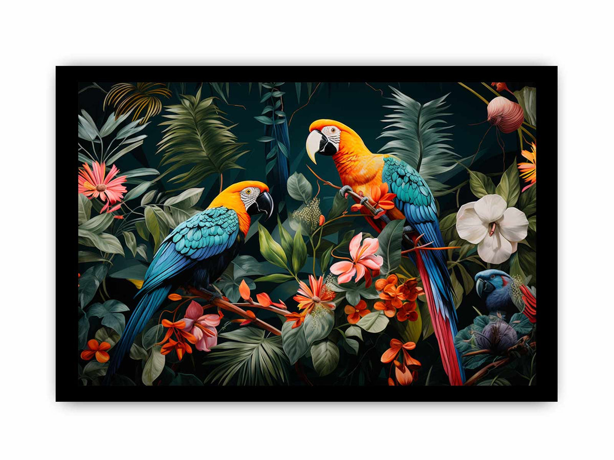 Two tropical parrots canvas art with lush leaves and flowers for bold home decor.