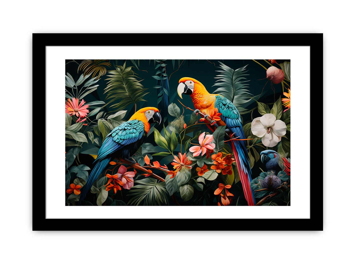 Two tropical parrots canvas art with lush leaves and flowers for bold home decor.
