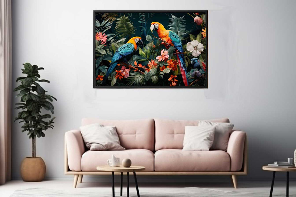 Two tropical parrots canvas art with lush leaves and flowers for bold home decor.