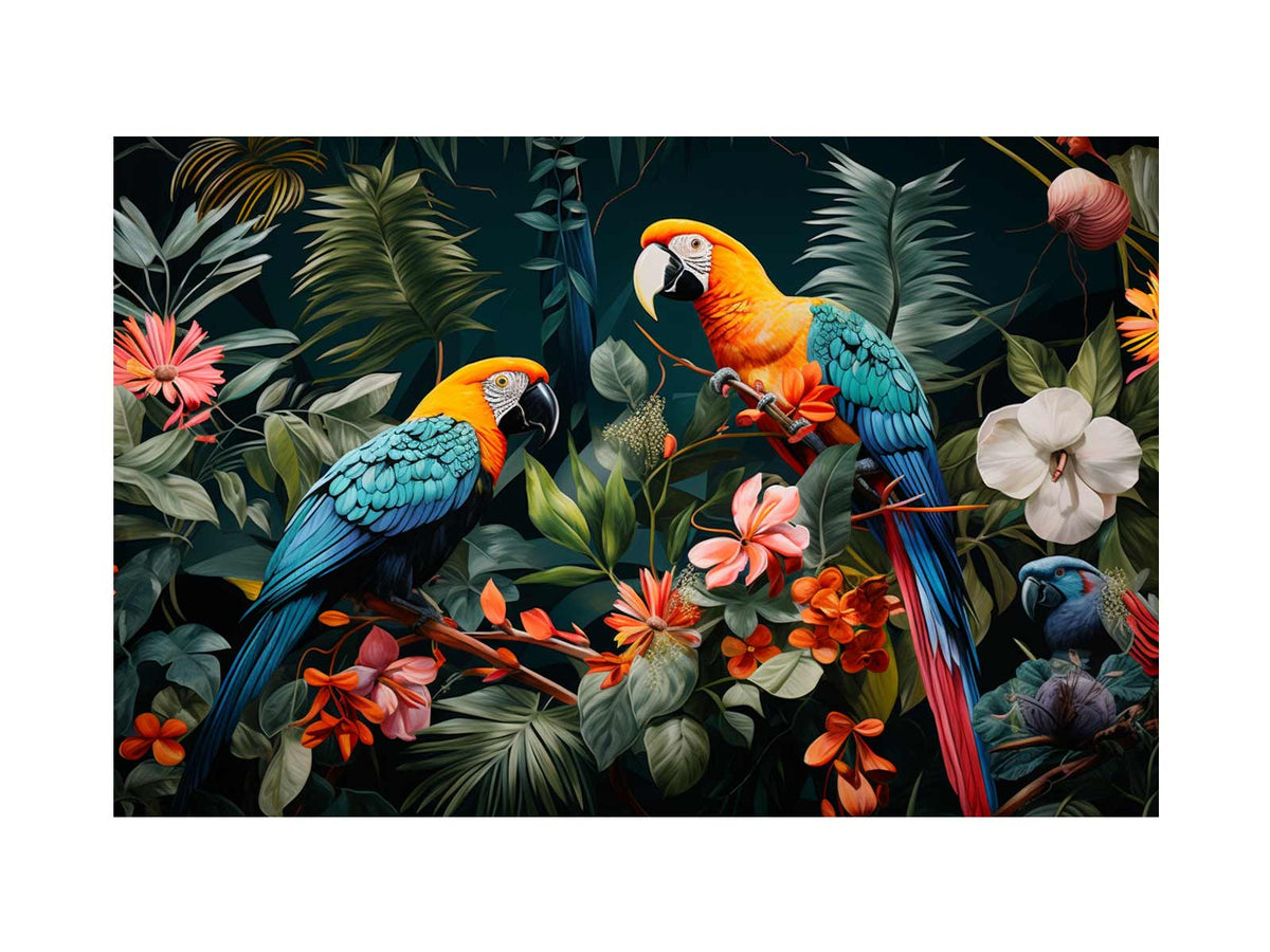 Two tropical parrots canvas art with lush leaves and flowers for bold home decor.
