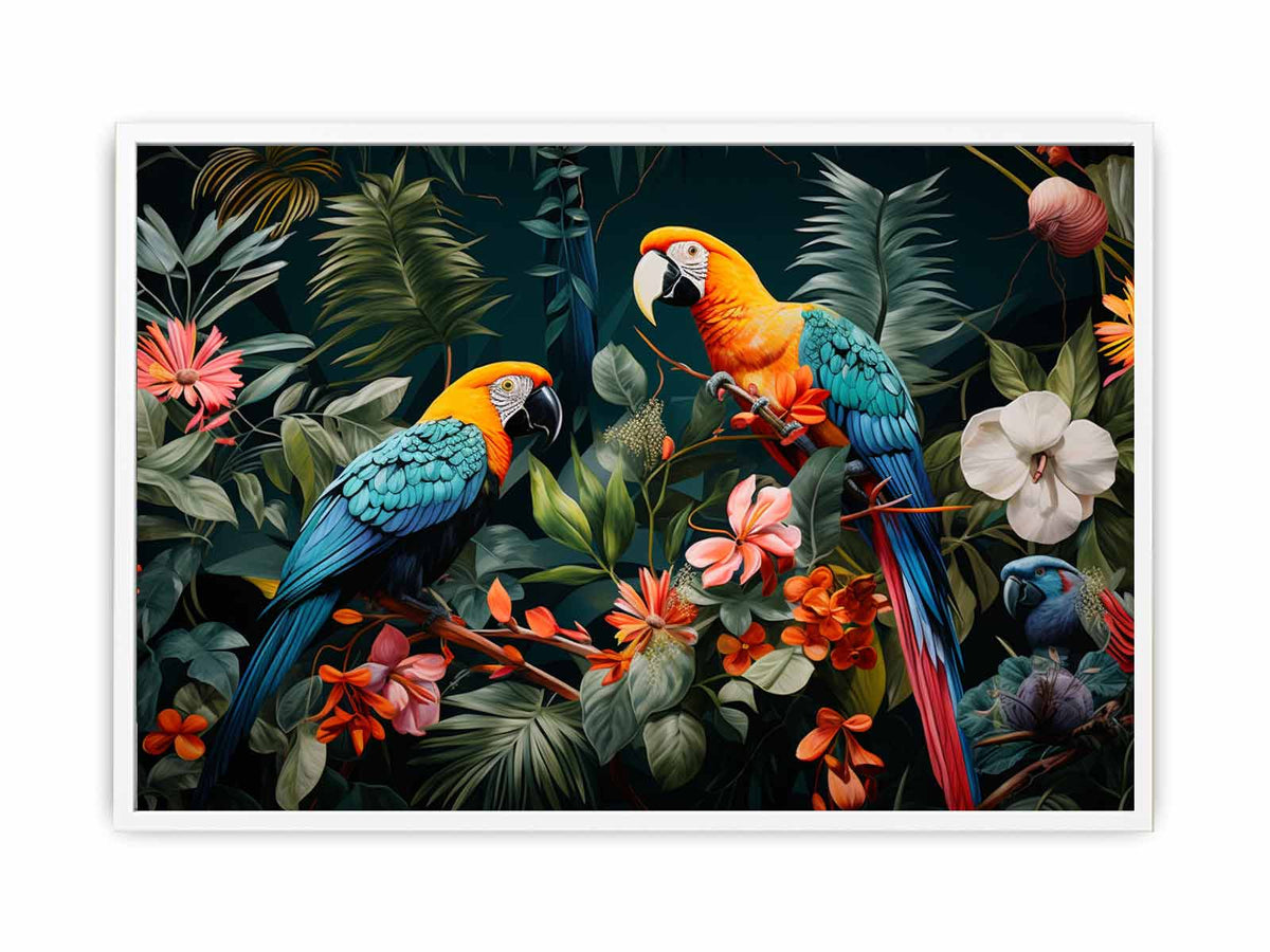 Two tropical parrots canvas art with lush leaves and flowers for bold home decor.