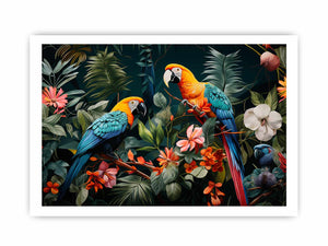 Two tropical parrots canvas art with lush leaves and flowers for bold home decor.