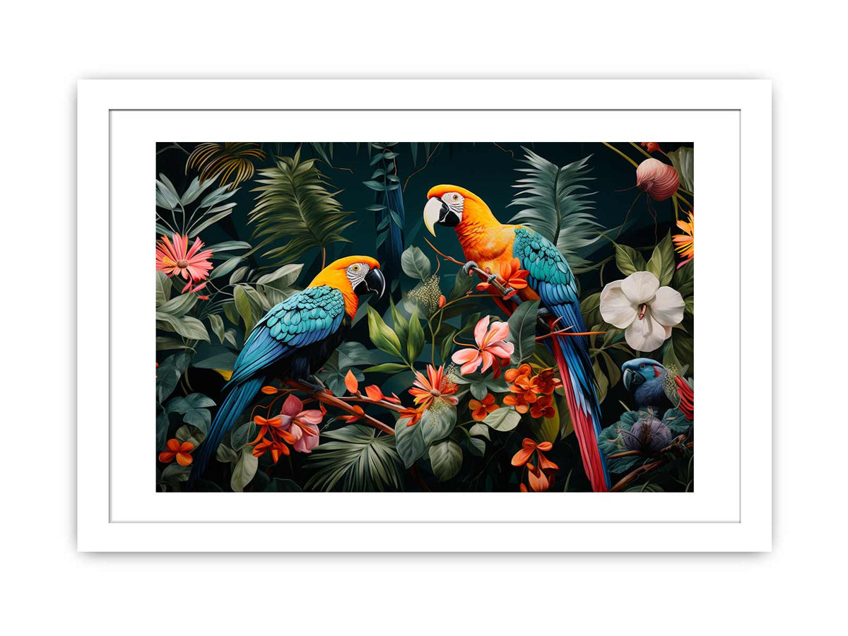 Two tropical parrots canvas art with lush leaves and flowers for bold home decor.