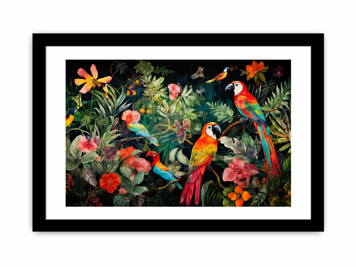 Colorful parrot canvas art with tropical flowers and leaves for statement decor.